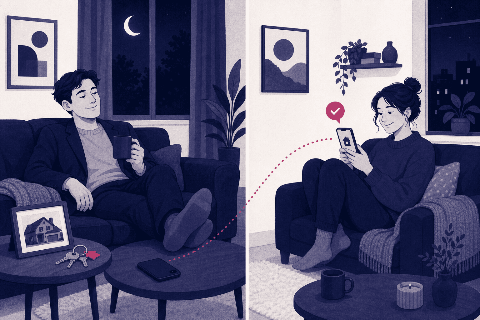 A realtor relaxing on the sofa at night with the phone face-down, while a home buyer across town reads a confirmed reply on their phone