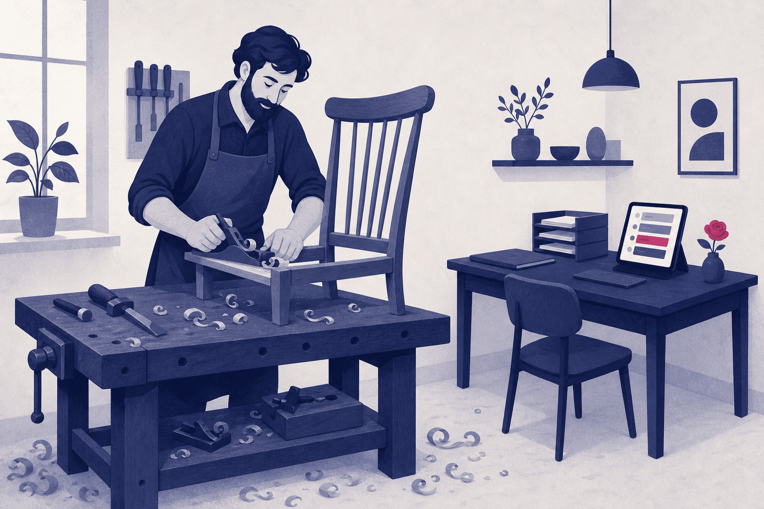 A woodworker planing a chair at the bench while a tidy tray of papers and a tablet of sorted categories sit on a desk in the corner