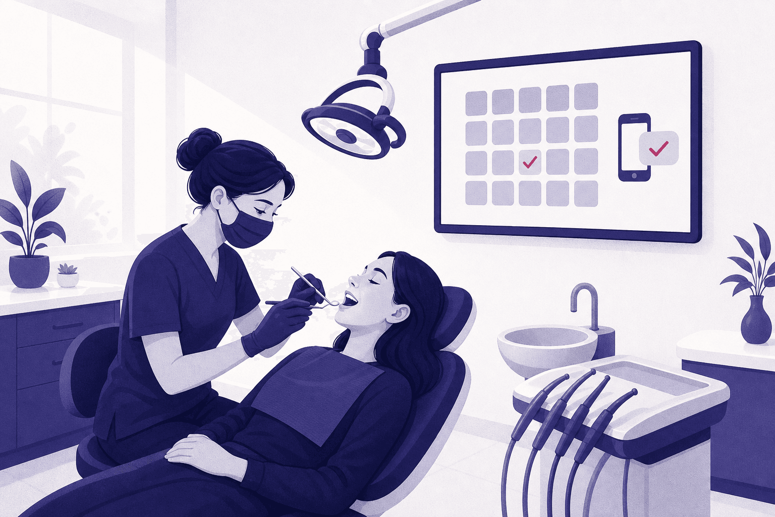 A dentist treating a patient while a wall screen shows tomorrow's calendar with one slot confirmed by text