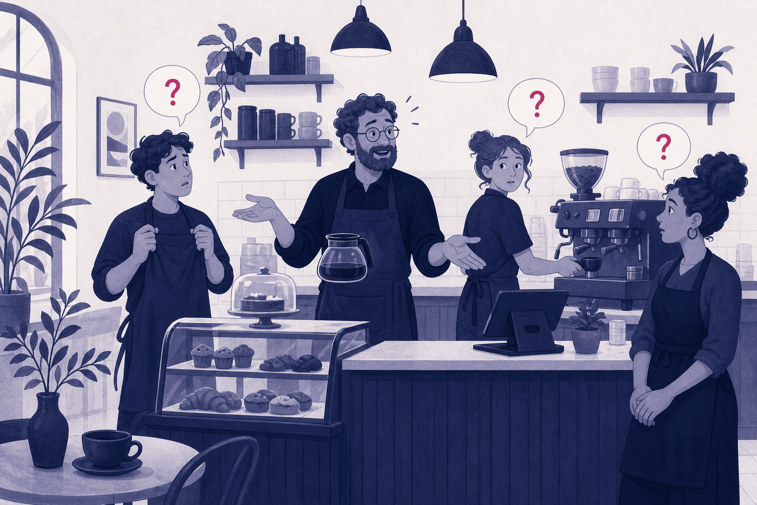 A cafe owner at the counter holding a coffee pot, surrounded by three staff, a new hire among them, each with a question only the owner can answer